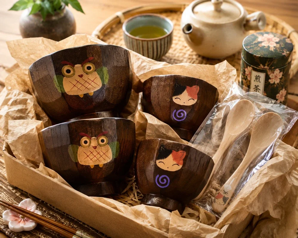 Acacia Wood Footed Rice Soup 4 Bowls Owl And Cat Graphics W/2 Small Spoons
